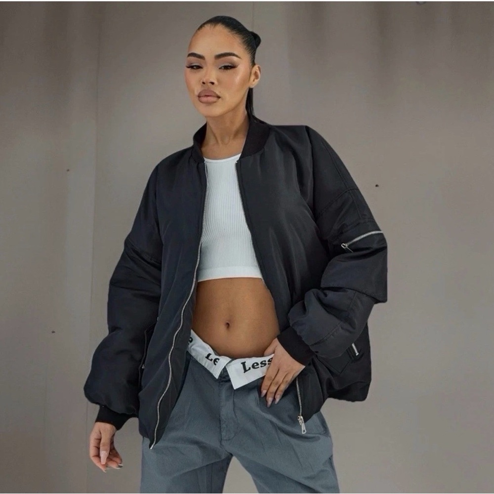 NEW PrettyLittleThing Black Zipper Pocket Detail Oversized Bomber Jacket LRG